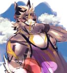  anthro ball basketball_(ball) canid canine canis clawed_fingers cloud domestic_dog fur grey_body grey_fur hair hand_on_chin hi_res lifewonders male mammal muscle_shirt nipples ohayashi55 pawpads q&#039;ursha_(housamo) red_eyes scar sky solo tokyo_afterschool_summoners white_body white_fur white_hair wristband 