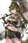  1girl absurdres arknights axe battle_axe belt_pouch bike_shorts bikini black_gloves black_shorts crocodilian_tail dreadlocks ema_(kuguiema) gas_mask gavial_(arknights) gavial_the_invincible_(arknights) gloves goggles goggles_on_head green_bikini green_hair hand_on_hip highres holding holding_axe mask mask_around_neck oripathy_lesion_(arknights) pointy_ears pouch respirator shorts shoulder_tattoo solo stomach_tattoo swimsuit tail tattoo torn_clothes torn_gloves weapon 