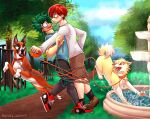  all_fours alternate_species canid canine canis clothed clothing detailed_background domestic_dog eijiro_kirishima facial_scar feral fully_clothed furrification group hi_res human izuku_midoriya katsuki_bakugou leash leash_and_collar male male/male mammal my_hero_academia outside park paws plant pretty_werewolf scar todoroki_shouto tree 