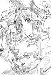  1girl animal_ears blush bow breasts choker cleavage dress fake_animal_ears frilled_choker frills greyscale hairband hands_in_hair highres looking_at_viewer macross macross_delta makina_nakajima medium_breasts medium_hair monochrome mosako parted_lips rabbit_ears sleeves_past_wrists solo twintails white_background 