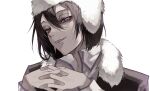  1boy absurdres black_coat black_hair bungou_stray_dogs coat collared_shirt dappled_sunlight fur-trimmed_coat fur-trimmed_headwear fur_trim fyodor_dostoyevsky_(bungou_stray_dogs) hat highres looking_at_viewer male_focus open_mouth own_hands_together purple_eyes shirt short_hair sidelocks simple_background smile solo sunlight upper_body white_background white_shirt ya_ta 