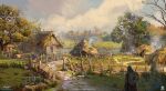  1boy assassin&#039;s_creed:_valhalla blue_flower building cloud company_name concept_art copyright_name donglu english_text flower grass highres hood medieval outdoors path river scenery shield_on_back sky tree village water watermark 