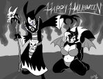  anthro beau_(disambiguation) big_breasts bra breasts cleavage clothed clothing demon duo female fire greta halloween holidays lagomorph lapinbeau leporid male male/female mammal mephitid midriff navel overweight panties rabbit ritual robe size_difference skunk slightly_chubby smile underwear 