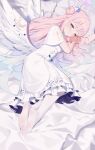  1girl absurdres bed_sheet bingchuan_xian_yu_huang blue_archive closed_mouth dress frilled_dress frills full_body hair_bun halo highres lying mika_(blue_archive) no_shoes on_bed on_side pantyhose pink_hair short_sleeves single_side_bun smile solo white_dress white_pantyhose white_wings wings yellow_eyes 