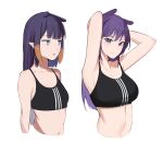  2girls arms_behind_head black_sports_bra blue_eyes breasts closed_mouth cropped_torso heterochromia highres hololive hololive_english koupi_(ku_roiko) ku_roiko large_breasts long_hair looking_at_viewer medium_support_(meme) meme mole mole_under_eye multiple_girls navel ninomae_ina&#039;nis open_mouth personification pointy_ears purple_eyes purple_hair simple_background small_breasts smile sports_bra takodachi_(ninomae_ina&#039;nis) tentacle_hair virtual_youtuber white_background 