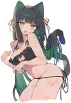  1girl animal_ears black_bra black_hair black_panties blunt_bangs blush bra breasts cat_cutout cat_ears cat_lingerie cat_tail check_copyright cheek-to-shoulder cleavage cleavage_cutout clothing_cutout colored_inner_hair commentary_request copyright_request cropped_legs fang green_eyes green_hair hair_ribbon head_tilt highres leaning_forward long_hair looking_at_viewer medium_breasts meme_attire multicolored_hair navel o_(jshn3457) original panties ribbon side-tie_panties skin_fang skindentation solo stomach tail tail_raised thick_thighs thighs underwear underwear_only very_long_hair white_background 