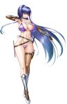  1girl akiyama_rinko alternate_costume aoi_nagisa_(metalder) arms_up bikini breasts cleavage curvy embarrassed full_body highres huge_breasts large_breasts lilith-soft long_hair looking_at_viewer official_alternate_costume official_art ponytail purple_eyes purple_hair shiny_skin smile solo swimsuit sword taimanin_(series) taimanin_rpgx taimanin_yukikaze thick_thighs thighs thong thong_bikini topless translation_request very_long_hair weapon white_background wide_hips 