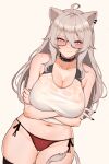  1girl ahoge arms_under_breasts black_nails blush breasts closed_mouth collar cowboy_shot ear_piercing glasses grey_eyes grey_hair hair_between_eyes highres hololive large_breasts lion_tail long_hair looking_at_viewer panties piercing red_panties shirt shishiro_botan side-tie_panties simple_background smile solo spiked_collar spikes tail underwear varniskarnis virtual_youtuber white_background white_shirt 