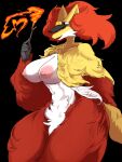  absurd_res anthro areola big_breasts black_background breasts canid canine clothing curvy_figure delphox digital_media_(artwork) female female_anthro fluffy fur generation_6_pokemon hat headgear headwear hi_res holowear_(pokemon) huge_hips huge_thighs inner_ear_fluff kemono looking_at_viewer mammal multicolored_body multicolored_fur navel nintendo nipples nude orange_unite_style_delphox pink_areola pink_nipples pokemon pokemon_(species) pokemon_unite red_body red_eyes red_fur simple_background solo standing taphris thick_thighs tuft voluptuous white_body white_fur wide_hips yellow_body yellow_fur 