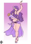  1girl 2019 absurdres arm_up bikini bouquet breasts camilla_(fire_emblem) camilla_(summer)_(fire_emblem) cleavage collarbone curvy english_commentary english_text fire_emblem fire_emblem_fates fire_emblem_heroes floral_print flower full_body gradient_background hair_flower hair_ornament hair_over_one_eye high_heels highres holding holding_bouquet long_hair looking_to_the_side medium_breasts navel official_alternate_costume purple_background purple_bikini purple_eyes purple_hair purple_sarong ribbon sarong scruffyturtles see-through_sarong signature smile solo swimsuit walking waving wavy_hair 