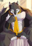  2023 abs anthro areola aro_rouon biceps bulge canid canine canis clothed clothing eyebrows fur green_eyes grey_body grey_fur hi_res jockstrap looking_at_viewer male mammal monster+ muscular muscular_anthro muscular_male necktie nipples pecs sitting smile solo tail teeth underwear utau wolf 