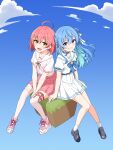  2girls :d absurdres ahoge arms_between_legs bare_legs black_footwear block_(minecraft) blue_eyes blue_hair blue_ribbon blue_sky blush bob_cut breast_pocket cloud collarbone colored_inner_hair dangling felutiahime green_eyes grin hair_between_eyes hair_ornament hairclip high-waist_skirt highres hololive hoshimachi_suisei loafers long_bangs long_hair looking_at_viewer midriff_peek minecraft multicolored_hair multiple_girls neck_ribbon open_mouth pink_footwear plaid plaid_skirt pleated_skirt pocket red_hair red_ribbon ribbon sailor_collar sakura_miko school_uniform serafuku shirt shirt_overhang shoes short_hair short_sleeves sidelocks sitting skirt sky smile sneakers socks virtual_youtuber white_sailor_collar white_serafuku white_shirt white_skirt white_socks 