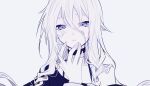  1girl blue_theme braid character_name choker collarbone expressionless facial_tattoo hair_between_eyes half-closed_eyes highres ia_(vocaloid) long_bangs long_hair looking_at_viewer messy_hair mizuame_(mi_rei_817) monochrome off_shoulder pale_skin parted_lips portrait raised_eyebrows shirt simple_background single_bare_shoulder solo spaghetti_strap tattoo twin_braids vocaloid 
