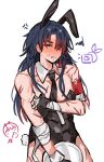  1boy anger_vein animal_ears armband bandaged_arm bandages bare_shoulders black_leotard black_necktie blade_(honkai:_star_rail) blue_hair blush closed_eyes covering covering_chest covering_crotch crossdressing detached_collar ear_blush earrings embarrassed emne english_commentary fake_animal_ears fake_tail full-face_blush highres holding holding_tray honkai:_star_rail honkai_(series) jewelry leotard long_hair male_playboy_bunny muscular muscular_male necktie otoko_no_ko parted_bangs playboy_bunny rabbit_ears rabbit_tail red_armband scar scar_on_arm simple_background sweat tail tray white_background 