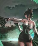  1girl bare_shoulders breasts chinese_clothes cleavage cowboy_shot dark_green_hair detached_sleeves dress elbow_gloves fog gloves green_dress green_theme hand_fan hanying_(punishing:_gray_raven) highres holding holding_fan jewelry necklace notgustiarp outdoors punishing:_gray_raven solo 