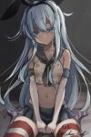  1girl blue_eyes blue_hair breasts closed_mouth cosplay crop_top eckert&amp;eich elbow_gloves gloves hair_between_eyes hairband hibiki_(kancolle) highres kantai_collection light_blue_hair long_hair looking_at_viewer midriff miniskirt one-hour_drawing_challenge pleated_skirt sailor_collar shimakaze_(kancolle) shimakaze_(kancolle)_(cosplay) signature simple_background sitting skirt small_breasts solo striped striped_thighhighs thighhighs twitter_username very_long_hair white_gloves 