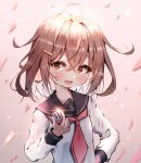  1girl absurdres ahoge anchor_symbol black_sailor_collar blush brown_eyes brown_hair dfd fang hair_between_eyes highres ikazuchi_(kancolle) kantai_collection long_sleeves looking_at_viewer neckerchief open_mouth red_neckerchief sailor_collar school_uniform serafuku short_hair smile solo upper_body 