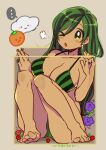  &gt;_o ... 1girl =3 barefoot berry bikini black_hair blush box breasts earrings food fruit grapes green_bikini green_eyes green_hair in_box in_container jewelry large_breasts long_hair mago multicolored_hair one_eye_closed open_mouth orange_(fruit) personification simple_background sitting solo spoken_ellipsis strawberry striped striped_bikini suika_game swimsuit 