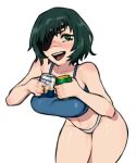  1girl beer_can black_hair blue_camisole breasts camisole can chainsaw_man crop_top eyepatch green_eyes gurumo_(twitter) himeno_(chainsaw_man) holding holding_can large_breasts looking_at_viewer midriff open_mouth short_hair simple_background smile solo thick_thighs thighs white_background 