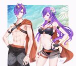  1boy 1girl abs bikini black_bikini black_gloves breasts cape cleavage closed_mouth commentary_request dq11neu eyewear_on_head fingerless_gloves fire_emblem fire_emblem:_three_houses fire_emblem_heroes fire_emblem_warriors:_three_hopes flower gloves hair_flower hair_ornament hair_over_one_eye hand_on_own_hip highres lips long_hair looking_at_viewer male_swimwear medium_breasts muscular muscular_male navel official_alternate_costume one_eye_covered orange_cape parted_lips pink_lips purple_eyes purple_hair see-through shez_(female)_(fire_emblem) shez_(female)_(summer)_(fire_emblem) shez_(fire_emblem) shez_(male)_(fire_emblem) shez_(male)_(summer)_(fire_emblem) short_hair signature single_glove smile stomach sunglasses swim_trunks swimsuit topless_male 