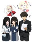  1boy 2girls absurdres artist_logo black_hair blonde_hair blue_dress blush breasts brown_hair chitanda_eru crossover dress green_eyes hair_ribbon highres hyouka inoue_takina kamiyama_high_school_uniform_(hyouka) long_hair long_sleeves look-alike lycoris_recoil lycoris_uniform mery_(yangmalgage) multiple_girls nishikigi_chisato open_mouth oreki_houtarou pleated_dress purple_eyes red_eyes red_ribbon ribbon sailor_collar school_uniform shirt short_hair simple_background skirt smile translation_request two-tone_dress white_background white_shirt 