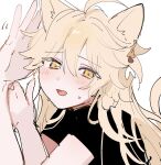  1boy aether_(genshin_impact) ahoge alternate_costume androgynous animal_ears black_shirt blonde_hair blush cat_boy cat_ears cat_tail earrings genshin_impact grey_background hair_down highres jewelry liiill_gerohaku long_hair male_focus nervous open_mouth shirt short_sleeves sketch smile solo tail 