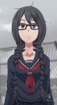  1girl artist_name black-framed_eyewear black_eyes black_hair blurry blurry_background braid chain-link_fence derivative_work emergence_(shindol) fence frown glasses hair_strand hair_tie highres manga_panel_redraw ninonime02 school_uniform serafuku signature solo twin_braids upper_body yoshida_saki 