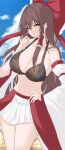  1girl 7saki bare_shoulders bikini bikini_top_only black_bikini blue_sky bow bra breasts brown_hair cleavage cloud cowboy_shot day detached_sleeves frilled_bow frills hair_between_eyes hair_bow hair_tubes hakurei_reimu highres large_breasts long_hair long_sleeves looking_at_viewer midriff miniskirt multicolored_clothes multicolored_skirt navel outdoors red_bow sidelocks sketch skirt sky smile solo stomach swimsuit thighs touhou underwear wide_sleeves yellow_eyes 