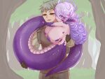  1boy 1girl breasts carrying curly_hair forest gloves grey_hair heart heart-shaped_pupils heavy highres hikyou_takarasou huge_breasts lamia large_breasts long_hair monster_girl nature original outdoors princess_carry purple_eyes purple_hair purple_scales sweat symbol-shaped_pupils tail tail_wrap yellow_eyes 