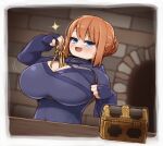  1girl between_breasts blue_eyes breasts cleavage commission fingerless_gloves gloves hair_bun highres huge_breasts ichika_(ichika_manga) keyring ninja open_mouth orange_hair original single_hair_bun skeb_commission smile solo treasure_chest 