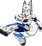  2015 anthro armor blue_eyes boots canid canine canis clothed clothing domestic_dog footwear headgear helmet hi_res kick male mammal mascot rikter_the_cyberdog san_jose_earthquakes simple_background soccer_ball_print solo tongue tongue_out visor wearing_helmet white_background zhengfox 