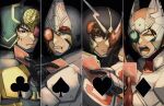  4boys aikawa_hajime armor black_armor black_background broken_helmet card clover club_(shape) commentary diamond_(shape) fingernails green_armor green_eyes heart highres kamen_rider kamen_rider_blade kamen_rider_blade_(series) kamen_rider_chalice kamen_rider_garren kamen_rider_leangle kamijo_mutsuki kenzaki_kazuma looking_at_viewer male_focus multiple_boys playing_card poker purple_eyes red_armor red_eyes ririri_000s sharp_fingernails silk spade_(shape) tachibana_sakuya_(kamen_rider_blade) trait_connection 