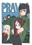  5girls alina_(girls_und_panzer) black_hair blonde_hair blue_eyes breasts brown_hair girls_und_panzer helmet highres katyusha_(girls_und_panzer) klara_(pokemon) kv-2 large_breasts military_vehicle motor_vehicle multiple_girls nina_(girls_und_panzer) nonna_(girls_und_panzer) parted_bangs pravda_military_uniform short_twintails smile tank twintails yb_norio 