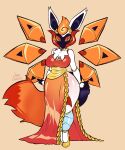  2023 6_wings absurd_res anthro big_breasts black_body black_inner_ear breasts clothed clothing dress female future_pokemon generation_9_pokemon hair hi_res iron_moth jamoart jewelry looking_at_viewer multi_wing multicolored_body neck_tuft necklace nintendo orange_clothing orange_dress orange_eyes orange_hair orange_wings paradox_pokemon pokemon pokemon_(species) robot_wings side_slit_dress simple_background small_waist solo standing tan_background tuft two_tone_body two_tone_tail white_body wide_hips wings yellow_high_heels 