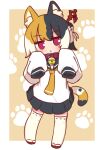  1girl :&lt; animal_ears bell black_hair black_skirt blush calico cat_ears cat_girl cat_tail chibi closed_mouth collar hair_ornament hairpin highres jitome kemomimi-chan_(naga_u) long_sleeves looking_at_viewer multicolored_hair naga_u neck_bell orange_hair original paw_print paw_print_background pleated_skirt red_collar red_eyes skirt sleeves_past_fingers sleeves_past_wrists solo standing tail thighhighs white_hair white_thighhighs 