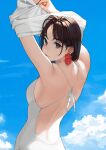  1girl arms_up back blue_sky breasts brown_eyes brown_hair cloud copyright_request day earrings flower_earrings from_behind highres jewelry looking_at_viewer looking_back medium_breasts one-piece_swimsuit shirt short_hair sky solo swimsuit undressing white_one-piece_swimsuit white_shirt yomu_(sgt_epper) 