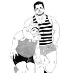  2boys :d arm_around_neck bara beard_stubble belly blush bulge daisukebear fat fat_man feet_out_of_frame greyscale height_difference large_pectorals male_focus mature_male monochrome multiple_boys muscular muscular_male mustache_stubble original pectoral_cleavage pectorals plump shirt short_hair short_shorts shorts sidepec smile standing striped striped_shirt tank_top thick_eyebrows yaoi 