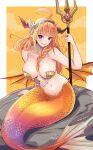  1girl absurdres ahoge blonde_hair bow breasts cloud dragon_girl dragon_horns dragon_wings fins hairband highres holding_trident hololive horn_bow horn_ornament horns kiryu_coco kivo kneeless_mermaid long_hair looking_at_viewer mermaid monster_girl multicolored_hair navel orange_hair pointy_ears red_eyes rock scales shell shell_bikini sky solo streaked_hair virtual_youtuber wings 