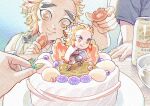  1girl 3boys alcohol beer beer_can birthday birthday_cake biscuit_(bread) blonde_hair blueberry bowl brothers cake can cape chibi cream demon_slayer_uniform flame_print food forked_eyebrows fruit holding holding_food holding_leaf japanese_clothes kimetsu_no_yaiba leaf mint multicolored_hair multiple_boys painting_(medium) red_hair rengoku_kyoujurou rengoku_ruka rengoku_senjurou rengoku_shinjurou siblings simple_background smile streaked_hair table thick_eyebrows traditional_media watercolor_(medium) watermark yellow_eyes yuki_(yuki3243) 