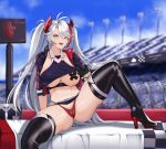  1girl absurdres ass azur_lane belt black_gloves boots breasts checkered_flag clothing_cutout convoy_(galactic_convoy) earpiece flag gloves half_gloves highres jacket large_breasts long_hair multicolored_hair navel official_alternate_costume panties pasties prinz_eugen_(azur_lane) prinz_eugen_(final_lap)_(azur_lane) race_queen racetrack red_hair red_panties skirt solo stomach streaked_hair thigh_boots thighhighs thighs underboob underboob_cutout underwear very_long_hair white_belt white_hair yellow_eyes 