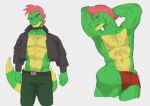  2023 abs absurd_res alligator alligatorid anthro areola armpit_hair belt biceps bodily_fluids body_hair bottomwear bulge choker clothed clothing crocodilian digital_media_(artwork) eyebrows five_nights_at_freddy&#039;s five_nights_at_freddy&#039;s:_security_breach green_body hair hi_res jewelry kogito male mohawk montgomery_gator_(fnaf) muscular muscular_anthro muscular_male navel necklace nipples non-mammal_nipples open_mouth pants pecs pink_hair pinup pose reptile saliva scalie scottgames shirtless solo steel_wool_studios sweat tan_body teeth tongue topwear underwear underwear_only vest 