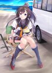  1girl ahoge akizuki_(kancolle) black_hair black_headband black_sailor_collar car chair chopsticks clothes_writing eating folding_chair hair_ornament headband highres holding holding_bento holding_chopsticks kantai_collection long_hair looking_at_viewer map_(blue_catty) motor_vehicle neckerchief outdoors ponytail propeller_hair_ornament rice sailor_collar school_uniform serafuku sitting solo thigh_pouch yellow_neckerchief 