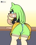  afrosoricid anthro anus_peek barely_visible_genitalia barely_visible_pussy breasts butt clothed clothing female fours_(artist) genitals gesture green_hair hair hi_res idw_publishing leggings legwear mammal middle_finger panties partially_clothed presenting presenting_hindquarters pussy sega smile smiling_at_viewer solo sonic_the_hedgehog_(comics) sonic_the_hedgehog_(idw) sonic_the_hedgehog_(series) surge_the_tenrec tenrec thick_thighs underwear upskirt 
