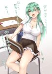  1girl bag blush breasts brown_skirt chair cleavage desk frilled_skirt frills green_eyes green_hair gyaru hair_between_eyes hair_ornament hairclip highres kantai_collection kuromayu large_breasts long_hair looking_at_viewer open_mouth paper pleated_skirt school_chair school_desk shirt short_sleeves sitting sitting_backwards skirt solo suzuya_(kancolle) teeth translation_request upper_teeth_only white_shirt 
