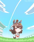  1girl ahoge animal_ears blush brown_hair buruma chibi chokueji cloud daring_tact_(umamusume) dated grass gym_shirt hair_ornament highres horse_ears horse_girl horse_tail kneehighs medium_hair name_tag railing red_buruma ribbon shirt smile socks solo stadium star_(symbol) star_hair_ornament tail umamusume white_shirt 