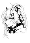  1girl absurdres earrings fang hair_ornament hairclip high_ponytail highres indie_virtual_youtuber jewelry long_hair looking_at_viewer mechanical_ears mk_(lazymk) monochrome saruei_(vtuber) scar scar_across_eye skin_fang smile virtual_youtuber 