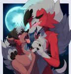  after_kiss anthro black_nose blush bodily_fluids canid canine cheek_tuft chest_tuft claws duo ear_growth facial_tuft fangs finger_claws full_moon fur fur_growth generation_7_pokemon gloves_(marking) growth hand_holding human human_to_anthro looking_at_another lycanroc male male/male mammal markings mid_transformation midnight_lycanroc moon night nintendo pokemon pokemon_(species) red_body red_fur saliva saliva_string shaded sky snout species_transformation star starry_sky sweat teeth tongue tongue_out toshabi transformation tuft white_body white_fur 