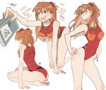  absurdres ass barefoot breasts feet hair_between_eyes highres legs manga_(object) neon_genesis_evangelion netapai1 open_mouth orange_hair simple_background smile souryuu_asuka_langley swimsuit teeth toes upper_teeth_only variations white_background 