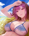  1girl alternate_costume arm_up beach bikini blonde_hair blue_bikini blue_sky blush breasts brown_eyes cleavage cloud commentary_request day fingernails gradient_hair hand_on_own_head highres hijiri_byakuren kisaragi_koushi large_breasts lips long_hair looking_at_viewer medium_bangs multicolored_hair ocean open_mouth outdoors purple_hair sky smile solo sunlight swimsuit touhou two-tone_hair upper_body wavy_hair 