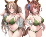  2girls animal_ears armlet ass_visible_through_thighs bare_shoulders bead_necklace beads bikini blush bow breasts brown_hair cleavage collarbone cowboy_shot daiwa_scarlet_(umamusume) detached_sleeves ear_ornament front-tie_bikini_top front-tie_top green_bikini green_bow groin hair_bow hair_intakes halterneck hands_on_own_hips hands_up highres horse_ears horse_girl horse_tail jewelry kibihimi large_breasts long_hair looking_at_viewer multiple_girls navel necklace red_eyes satono_diamond_(umamusume) side-tie_bikini_bottom sketch smile squiggle standing stomach swimsuit tail thighs twintails umamusume very_long_hair wet white_background yellow_eyes 